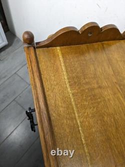 Antique Victorian Arts & Crafts Gothic Oak Cabinet Table with Glass Iron Doors