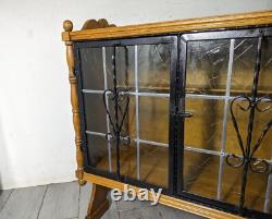 Antique Victorian Arts & Crafts Gothic Oak Cabinet Table with Glass Iron Doors