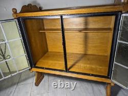 Antique Victorian Arts & Crafts Gothic Oak Cabinet Table with Glass Iron Doors