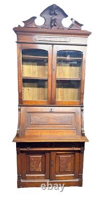 Antique Victorian Burl Walnut Bookcase Cabinet Cupboard Desk With Keys 2pc