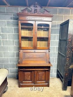 Antique Victorian Burl Walnut Bookcase Cabinet Cupboard Desk With Keys 2pc