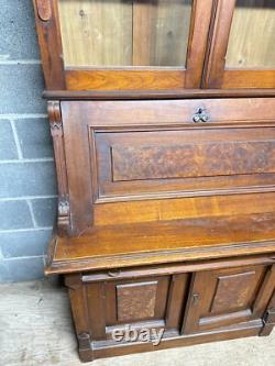 Antique Victorian Burl Walnut Bookcase Cabinet Cupboard Desk With Keys 2pc
