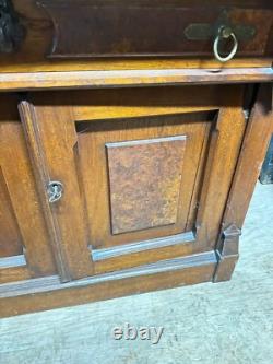 Antique Victorian Burl Walnut Bookcase Cabinet Cupboard Desk With Keys 2pc
