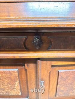 Antique Victorian Burl Walnut Bookcase Cabinet Cupboard Desk With Keys 2pc