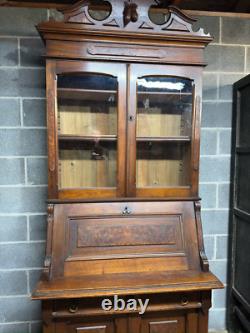 Antique Victorian Burl Walnut Bookcase Cabinet Cupboard Desk With Keys 2pc