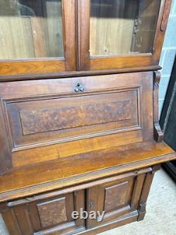 Antique Victorian Burl Walnut Bookcase Cabinet Cupboard Desk With Keys 2pc
