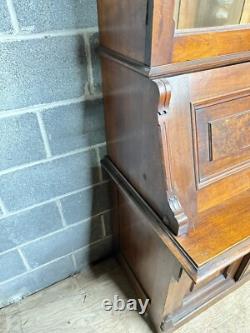 Antique Victorian Burl Walnut Bookcase Cabinet Cupboard Desk With Keys 2pc