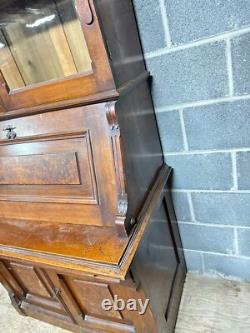 Antique Victorian Burl Walnut Bookcase Cabinet Cupboard Desk With Keys 2pc