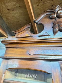 Antique Victorian Burl Walnut Bookcase Cabinet Cupboard Desk With Keys 2pc