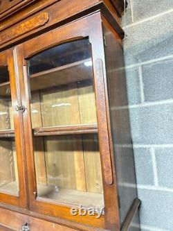 Antique Victorian Burl Walnut Bookcase Cabinet Cupboard Desk With Keys 2pc