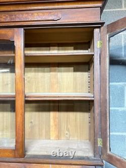 Antique Victorian Burl Walnut Bookcase Cabinet Cupboard Desk With Keys 2pc