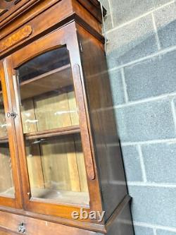 Antique Victorian Burl Walnut Bookcase Cabinet Cupboard Desk With Keys 2pc