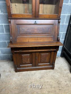 Antique Victorian Burl Walnut Bookcase Cabinet Cupboard Desk With Keys 2pc