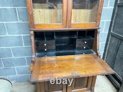 Antique Victorian Burl Walnut Bookcase Cabinet Cupboard Desk With Keys 2pc