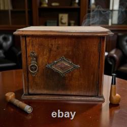 Antique Victorian Cigar Humidor Cabinet Solid Mahogany Brass Trim 1890s 1900s