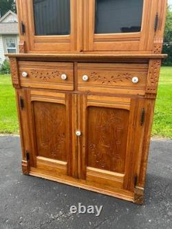 Antique Victorian Eastlake China Hutch Stepback Kitchen Cabinet