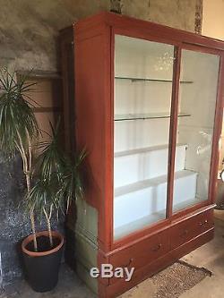 Antique Victorian Pine Glass Display Cabinet, haberdashery Shop Shelving Unit