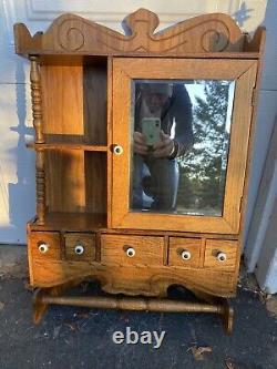 Antique Victorian Style Oak Medicine Wall Cabinet withDrawers, Towel Bar, Mirror