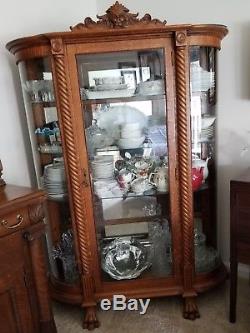 Antique Victorian Tiger Oak China Cabinet with Lion Head, Claw Feet and Key