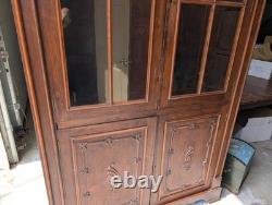 Antique Victorian Walnut 2 Glass Door Cabinet 2 Blind Door Cupboard