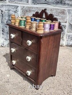 Antique Victorian Wood Mini Dresser Sewing Spool Cabinet Chest, 4 Drawers