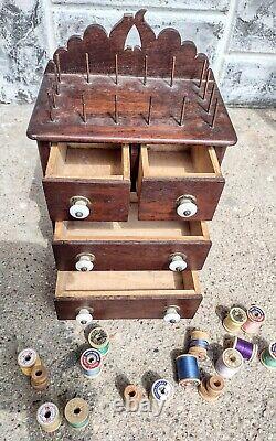 Antique Victorian Wood Mini Dresser Sewing Spool Cabinet Chest, 4 Drawers