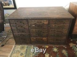 Antique Vintage Oak & Bronze Library Card Catalog File Cabinet Apothecary Chest
