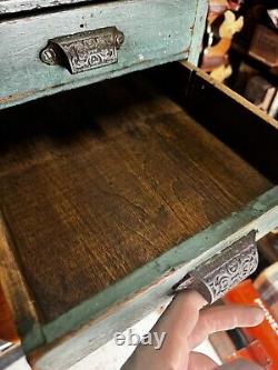 Antique Vintage Wood Cabinet 6 Drawer Garage Barn Rustic Green Paint Side Table