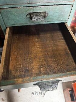 Antique Vintage Wood Cabinet 6 Drawer Garage Barn Rustic Green Paint Side Table