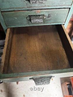 Antique Vintage Wood Cabinet 6 Drawer Garage Barn Rustic Green Paint Side Table