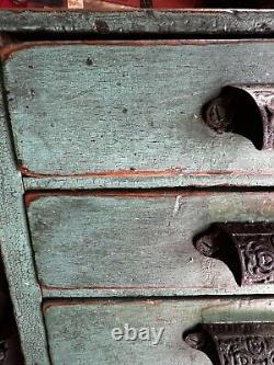 Antique Vintage Wood Cabinet 6 Drawer Garage Barn Rustic Green Paint Side Table