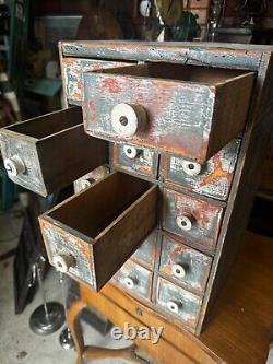 Antique Vintage Wood Parts Cabinet 14 Drawer Garage Barn Rustic Paint