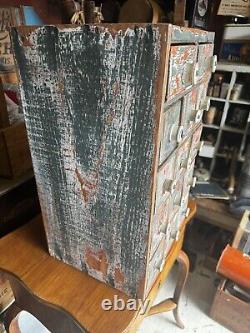 Antique Vintage Wood Parts Cabinet 14 Drawer Garage Barn Rustic Paint