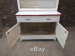 Antique Vintage c1920 Hoosier Style Cupboard Cabinet White Red Trim Flour Sifter