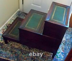 Antique Vtg LIBRARY BED STEPS Table Storage Tooled Gilt Green LEATHER Mahogany