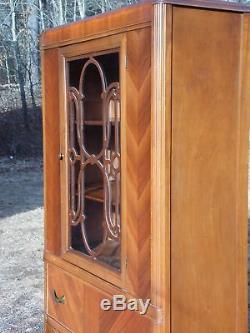 Antique Walnut Art Deco Waterfall Curio China Cabinet Hutch Fretwork Glass Door
