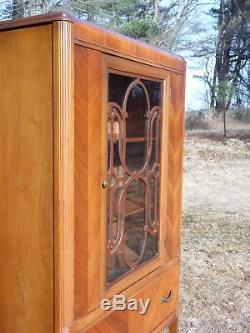 Antique Walnut Art Deco Waterfall Curio China Cabinet Hutch Fretwork Glass Door