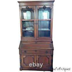 Antique Walnut Victorian Bookcase Cabinet Cupboard 2pc 7ft Cabinet 1860