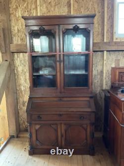 Antique Walnut Victorian Bookcase Cabinet Cupboard 2pc 7ft Cabinet 1860