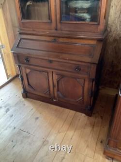 Antique Walnut Victorian Bookcase Cabinet Cupboard 2pc 7ft Cabinet 1860