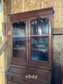 Antique Walnut Victorian Bookcase Cabinet Cupboard 2pc 7ft Cabinet 1860