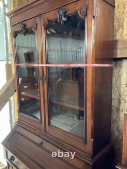 Antique Walnut Victorian Bookcase Cabinet Cupboard 2pc 7ft Cabinet 1860