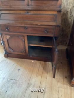 Antique Walnut Victorian Bookcase Cabinet Cupboard 2pc 7ft Cabinet 1860