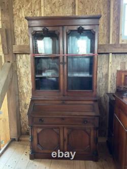 Antique Walnut Victorian Bookcase Cabinet Cupboard 2pc 7ft Cabinet 1860