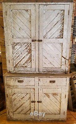 Antique White Painted Two Piece Farmhouse Cottage Cupboard Stepback Cabinet