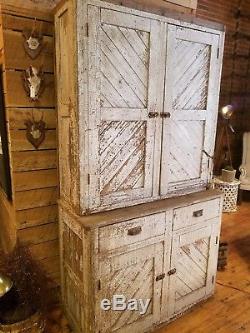 Antique White Painted Two Piece Farmhouse Cottage Cupboard Stepback Cabinet