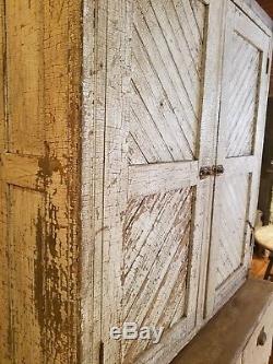 Antique White Painted Two Piece Farmhouse Cottage Cupboard Stepback Cabinet