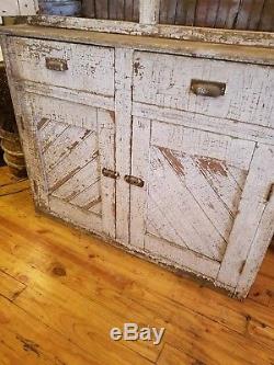 Antique White Painted Two Piece Farmhouse Cottage Cupboard Stepback Cabinet