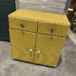 Antique Wicker Cabinet Bright Mustard Yellow with Owl Pulls Shelves and Drawers