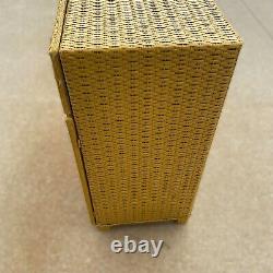 Antique Wicker Cabinet Bright Mustard Yellow with Owl Pulls Shelves and Drawers